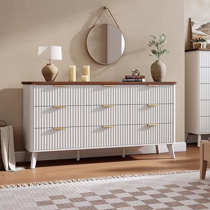 Garvee 9 Drawers Dresser for Bedroom, 60.6" Wide Dressers with Curved Profile Design, Fluted Wood Drawers with Gold Handle, Modern Chest of Dressers with Thickened Design for Living Room, White