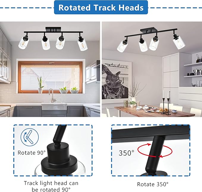 MELUCEE 4 Light Track Lighting Kit Bathroom Light Fixtures Matte Black Ceiling Spotlight Fixture for Hallway Foyer Bath Storage, Clear Glass Shade