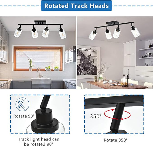 MELUCEE 4 Light Track Lighting Kit Bathroom Light Fixtures Matte Black Ceiling Spotlight Fixture for Hallway Foyer Bath Storage, Clear Glass Shade