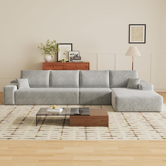 135" Corduroy Couch Sectional with Chaise, L Shape Boneless Cloud Couches for Living Room Bedroom, Fluffy Deep Seat Compression Sofa, Modular Corner Couch No Assembly, Right Facing Chaise, Grey