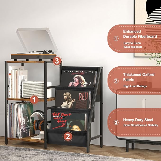 Stereo Record Player Stand with Vinyl Storage for 200 Albums, Turntable Display Shelf, Black