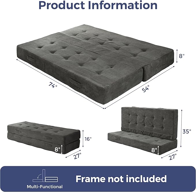 MAXYOYO 8" Foldable Floor Sofa Bed, Tufted Foldable Couch Bed Thick Folding Mattress with Handles, Versatile Folding Sofa Couch for Floor Sleeping, Living Room & Guest Room, Dark Grey