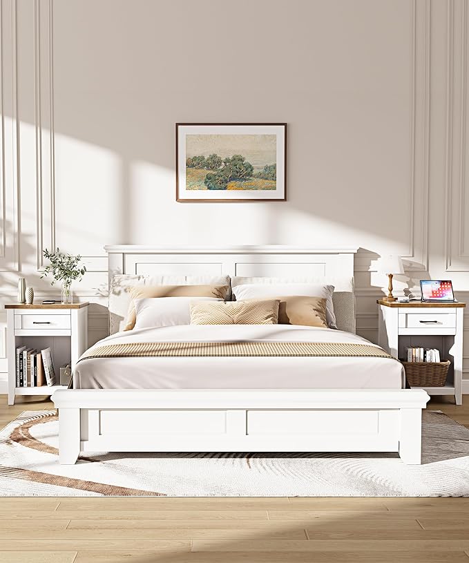 Farmhouse Nightstand with Charging Station & Large Storage, Modern End Tables with Outlets, USB Ports and Type-C Ports, Easy Assembly for Bedroom (Pure White + Walnut)