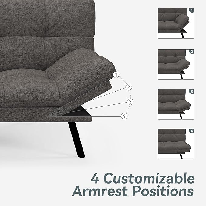 Futon Sofa Bed Convertible Couch, Grey Linen Sofa Bed with Memory Foam, Adjustable Backrest & Armrests, Multifunctional Small Loveseat Sleeper Sofa for Living Room, Apartment, Office