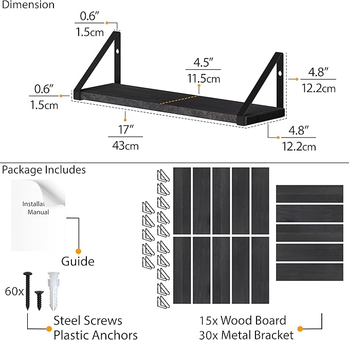 Wallniture Ponza 17'' x 4.5'' Floating Wall Shelf Bathroom, Small Wood Book Shelves for Wall Storage, Wall Mounted Shelf, Dining Room, Bedroom, Living Room, Office & Kitchen Organization, Black, 15pcs