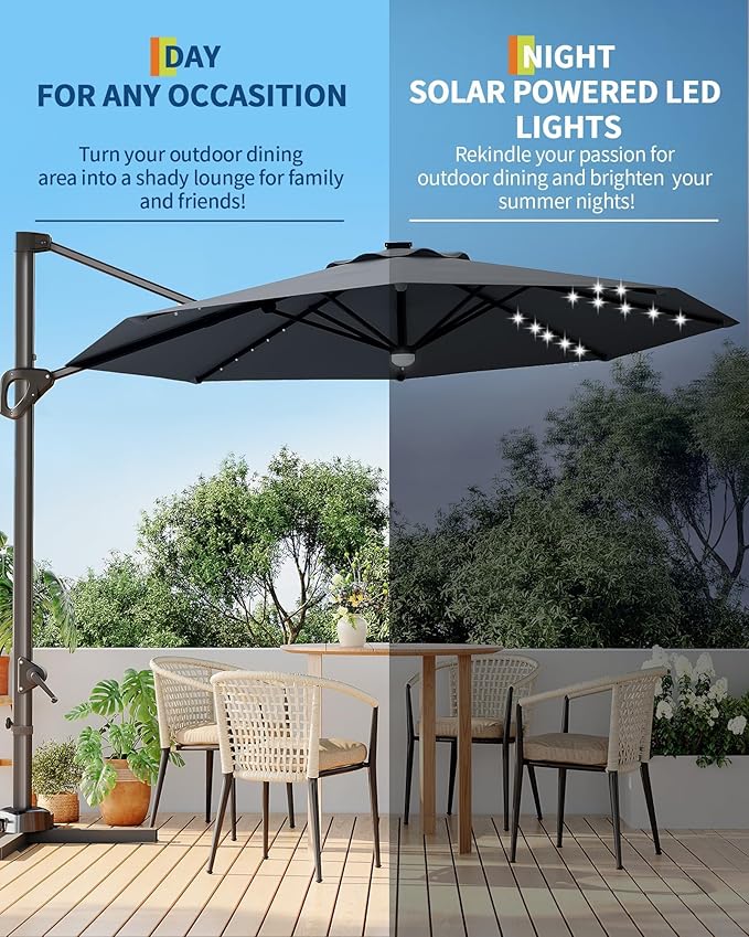 GarveeLife 10FT Patio Umbrella Outdoor Solar LED Large Cantilever Umbrella Market Sun Shade Windproof Offset Umbrella with 360-Degree Rotation for Garden Deck Pool Patio
