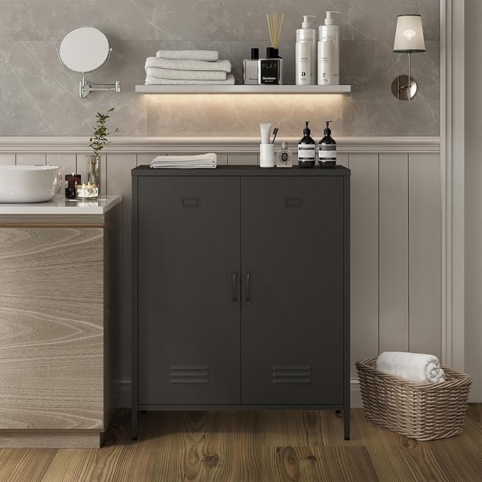 Metal Storage Cabinet with 2 Door, Steel Locker Sideboard Buffet Cabinet Console Table for Home Office (Black, H35.43'')