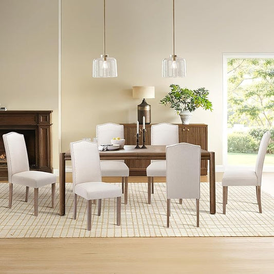 Upholstered Dining Chair Modern Stylish Parsons Kitchen Diner High Back with Silver Nailhead Trim & Wood Legs, Set of 6, Fabric Beige