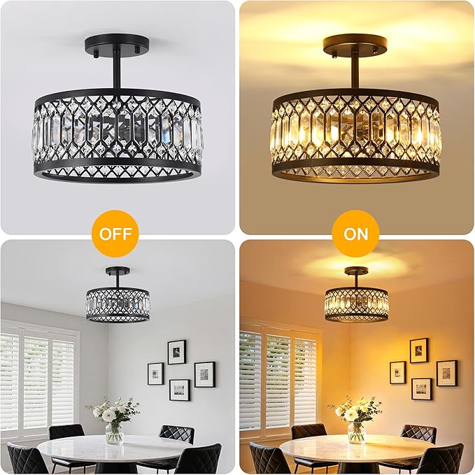 12.6" Crystal Semi Flush Mount Ceiling Light Fixture, 3-Light Antique Black Hallway Light Fixtures, Round Chandelier for Bathroom Entryway Closet Bedroom Kitchen Dining Room