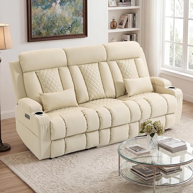 2-Piece Power Reclining Sofa Set, 3-Seater Sofa with Drop-Down Console & 2-Seater Loveseat, Zero Wall Hugger Electric Recliner Couch with Adjustable Headrest, AC Outlets (Light Beige, 3 Seat)