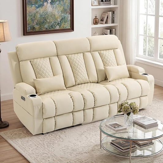 2-Piece Power Reclining Sofa Set, 3-Seater Sofa with Drop-Down Console & 2-Seater Loveseat, Zero Wall Hugger Electric Recliner Couch with Adjustable Headrest, AC Outlets (Light Beige, 3 Seat)