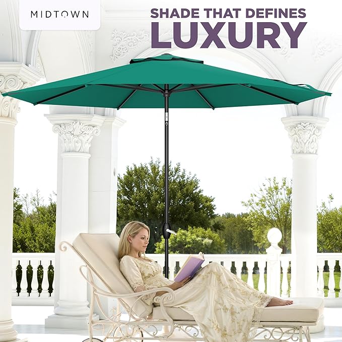 Midtown Umbrellas - The Lean 8 Ft Patio Umbrella with Fade-Resistant Sunbrella Fabric, Auto-Tilt Aluminum Frame and 8 Reinforced Ribs for Deck, Pool & Garden - Canvas Teal Canopy, Black Pole