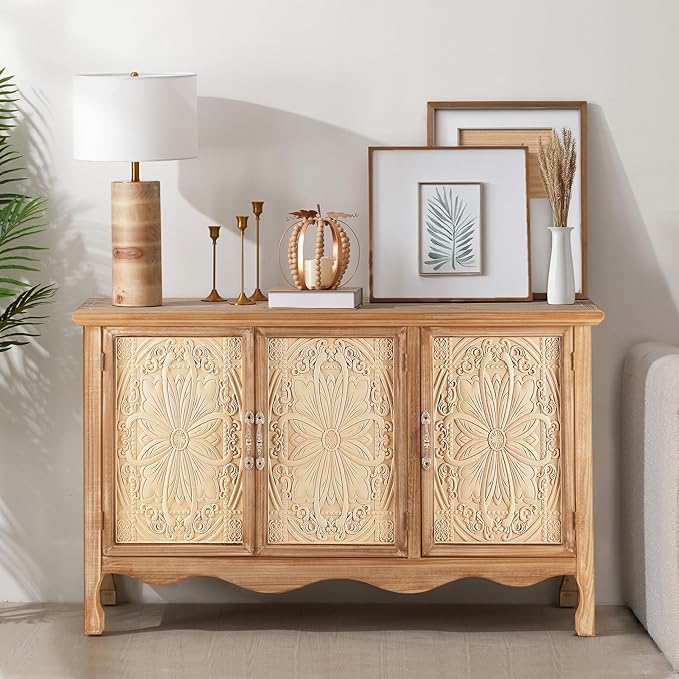 RoyalCraft Farmhouse Sideboard Buffet Cabinet with Storage, 49" Solid Wood Credenza Buffet Table Coffee Bar Wine Bar Storage Cabinet with 3 Doors for Dining Room Living Room Hallway, (Provence Grain)