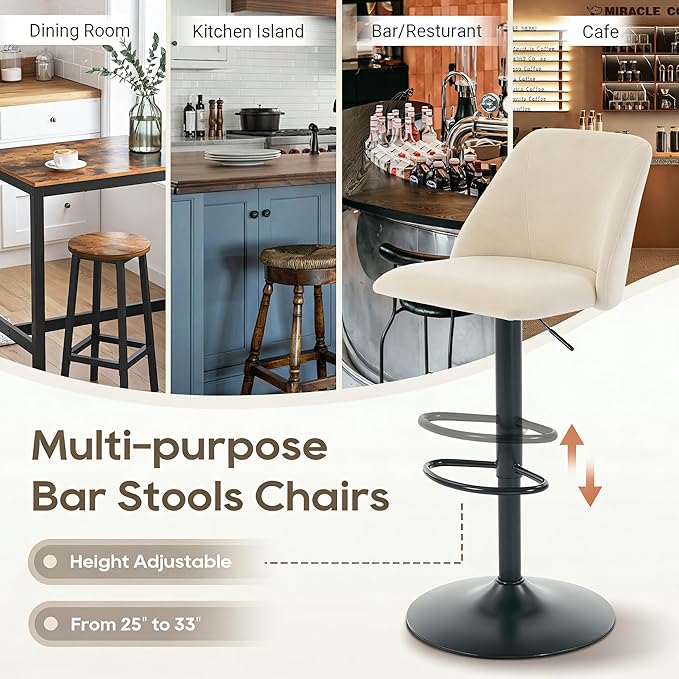 COLAMY Adjustable Fabric Bar Stools,360° Modern Swivel Counter Height Chairs with Soft Cushioned Seat & Stable Metal Base for Dining Room & Kitchen Island,Set of 3,250LBS