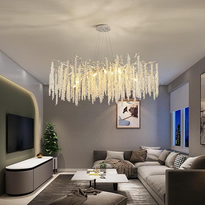 Modern Tree Branch Chandeliers Chrome D47'', Crystal Raindrop Chandelier for Living Room, Round Art Deco Lighting Fixture for for Dining Room Foyer Bedroom 18 Lights