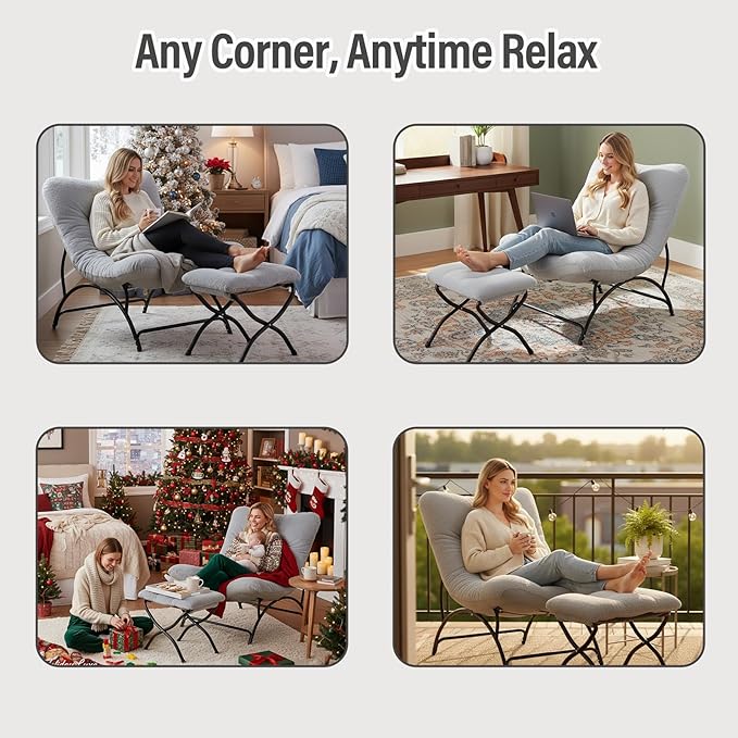 Tiita Accent Lazy Chair with Ottoman, Comfy Lounge Chair with Metal Frame and Plush Fabric, Thick Cushion Seated Cozy Recliner Chair for Reading Room, Living Room, Bedroom, Office, Light Gray