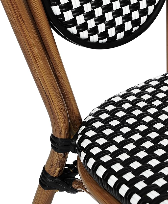Flash Furniture Lourdes Indoor/Outdoor Commercial Thonet Bistro Stack Chair - Black/White PE Rattan Back and Seat - Natural Bamboo Print Metal Frame