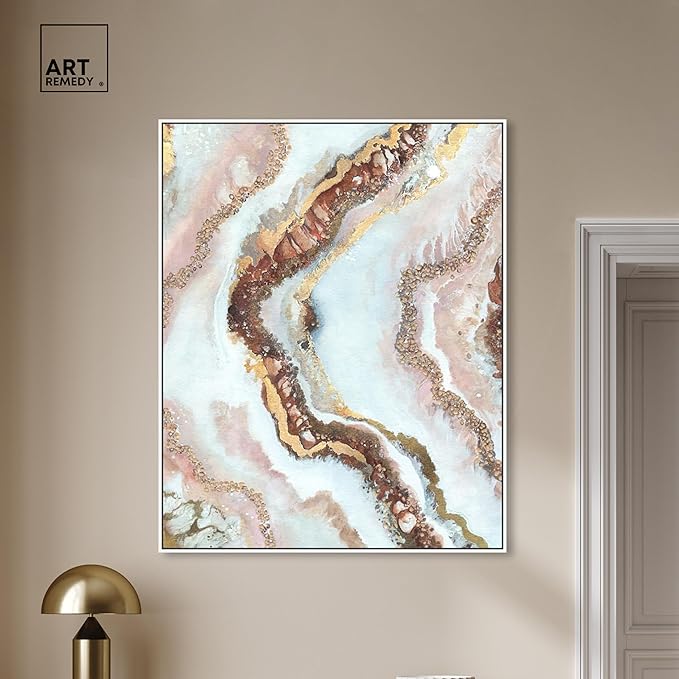 Art Remedy Blush Geode Framed Mineral, Agate & Geode 1 Piece Canvas Wall Art, 37" x 46", White Frame