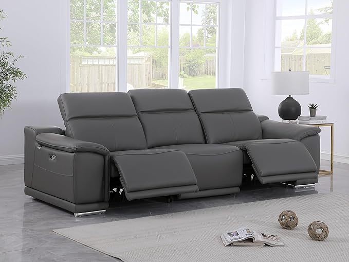 BlackJack Furniture Venice Top Grain Italian Leather Dual Power Recliner Sofa - 107" Theater Seating Modern Couch for Living Room Apartment Lounge Home with Adjustable Headrests & USB Port, Dark Grey