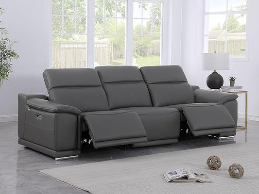 BlackJack Furniture Venice Top Grain Italian Leather Dual Power Recliner Sofa - 107" Theater Seating Modern Couch for Living Room Apartment Lounge Home with Adjustable Headrests & USB Port, Dark Grey