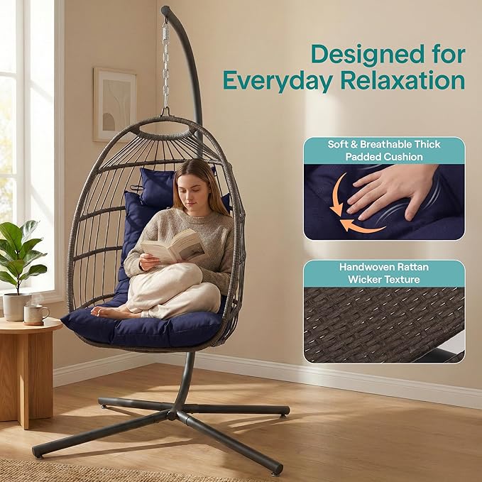 SereneLife Hanging Egg Chair with Stand - Indoor/Outdoor Swing Hammock Chair with Plush Washable Cushions & Headrest, 350LBS Capacity, Ideal for Relaxation in Bedrooms, Balconies, Gardens, and Patios