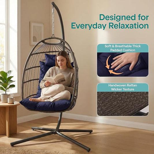 SereneLife Hanging Egg Chair with Stand - Indoor/Outdoor Swing Hammock Chair with Plush Washable Cushions & Headrest, 350LBS Capacity, Ideal for Relaxation in Bedrooms, Balconies, Gardens, and Patios