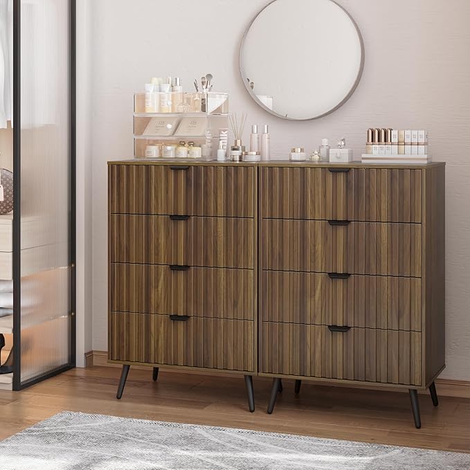 4 Drawer Dresser for Bedroom, Tall Fluted Dresser with Metal Feet, Wooden Storage Organizer Cabinet Chest of Drawer for Closet, Living Room, Hallway,Walnut