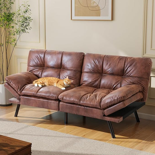 Opoiar Leather Brown Futon Sofa Bed Convertible Memory Foam Couch Bed Futon Sets Folding Modern Sleeper Sofa Loveseat for Studio,Drom,Apartment,Game Room and Small Space