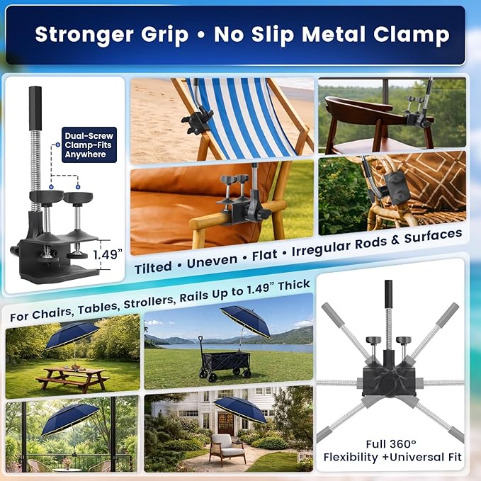 Chair Umbrella with Clamp,2PACK 53 inches Double Canopy Beach Chair Umbrella with Universal Clamp,50+ UV Protection,360° Swivel,Folding Clip on Sun Umbrellas for Table,Camping,Bench Chairs,Golf Cart