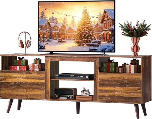 WLIVE Mid-Century Modern TV Stand for 55 60 65 Inch TV, Entertainment Center with Extra Open Shelf & Storage Cabinets, Media TV Console for Living Room Bedroom Office, Retro Brown
