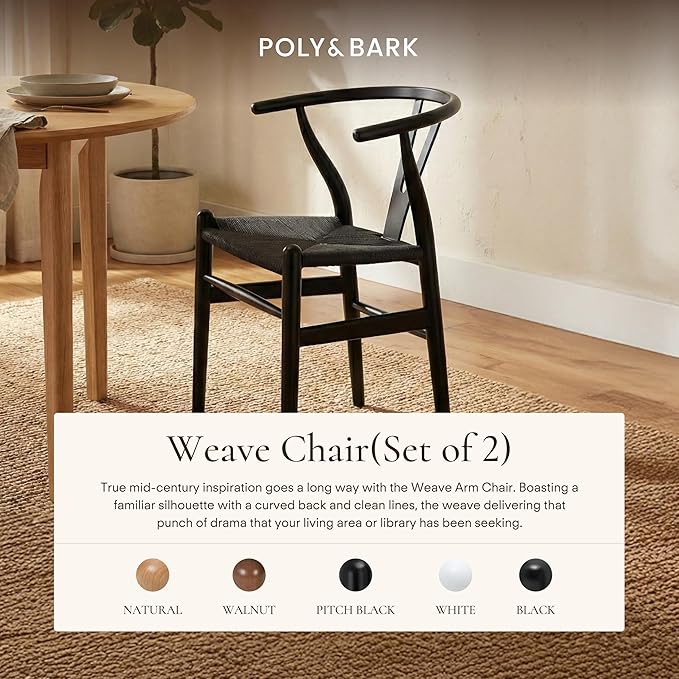 Poly & Bark Weave Dining Chairs – Mid-Century Modern Wishbone Dining Chairs with Arms, Solid Wood Frame, Indoor Use – Pitch Black – Set of 2 - Ideal for Dining Room, Kitchen or Stylish Accent Setting