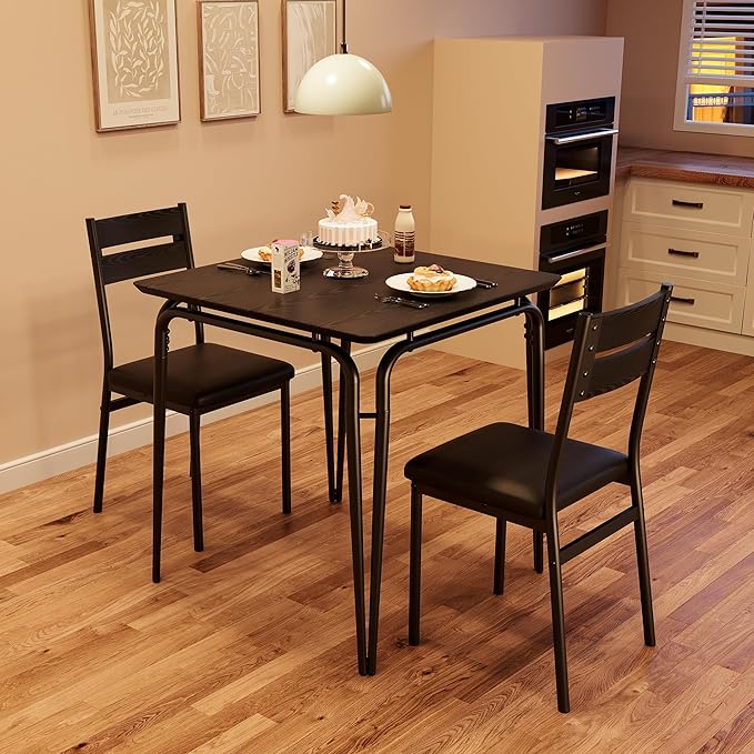 GAOMON 3-Piece Dining Table Set, Sturdy Wooden Square Table and Chair Breakfast Table Set for 2 Person,for Home or Commercial Dining Room,Black