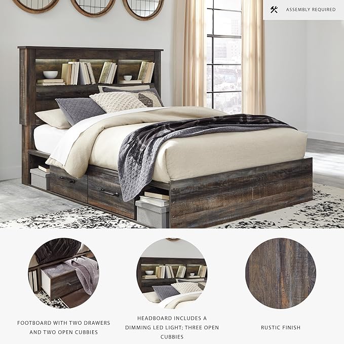 Signature Design by Ashley Drystan Rustic Queen Bookcase Bed with 2 Storage Drawers, Open Cubbies and LED Light, Foundation or Box Spring Not Needed, Dark Brown & Gray