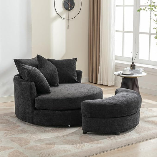 ERYE Oversized Round Accent Barrel Chair with Storage Ottoman and 360 Swivel Base, Modern Chenille Upholstered Leisure Recliner Armchair for Living Room Bedroom