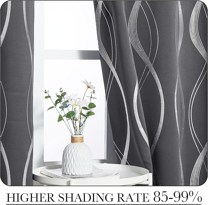 NICETOWN Extra Long Blackout Curtains for Large Window, Foil Printed Wave Lines Energy Saving Thermal Insulated Blackout Draperies for Kids Nursery Boys Bedroom (1 Pair, 52 inches by 108 inches, Grey)