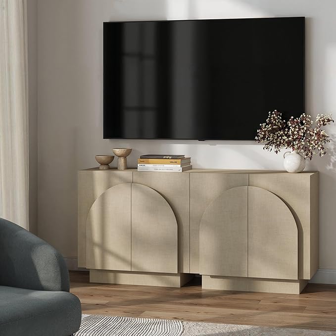 Nathan James Iris Mid Century Modern Arched Curio Cabinet with Beige Linen Finish, Wooden Storage Cabinet with Doors Set of 2