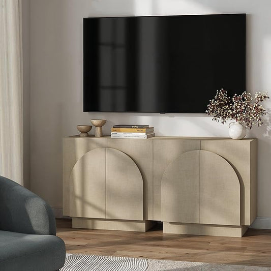 Nathan James Iris Mid Century Modern Arched Curio Cabinet with Beige Linen Finish, Wooden Storage Cabinet with Doors Set of 2