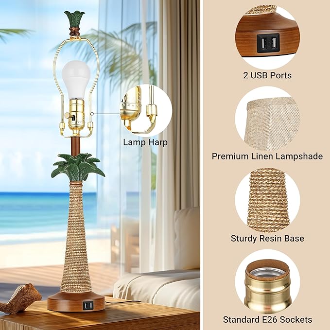 Hamucd Set of 2 Coastal Palm Tree Table Lamps with 2 USB Ports for Living Room Beach Nautical Bedside Lamps for Bedroom Tropical Nightstand Lamps for Home Decor