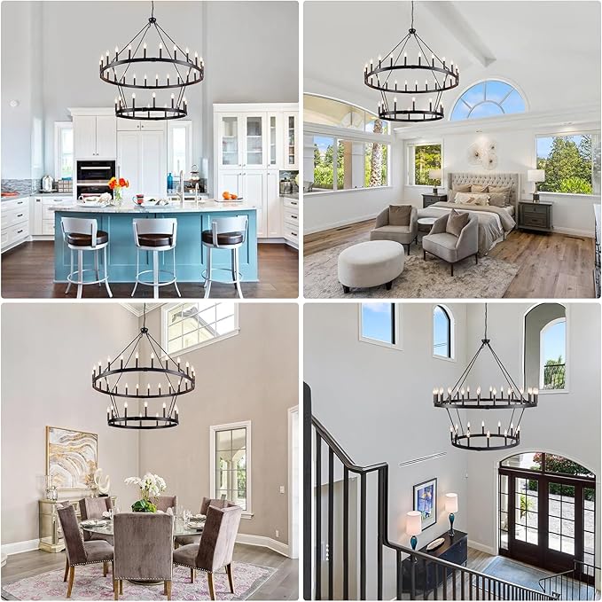 47'' Black Wagon Wheel Chandelier 2 Tier 36-Light Large Round Farmhouse Chandelier, Industrial Pendant Light Fixtures for High Ceilings Dining Living Room Entryway Foyer