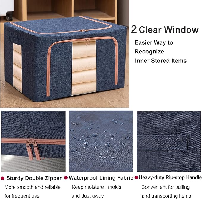 Clothes Storage Bags - Stackable Organizer with Foldable Shape Keeping Metal Frame, Zipper, Handles, Clear Window, Storage Container Box for Blanket, Sweater, Pillow Seasonal Clothing (66L x 2 Pack,