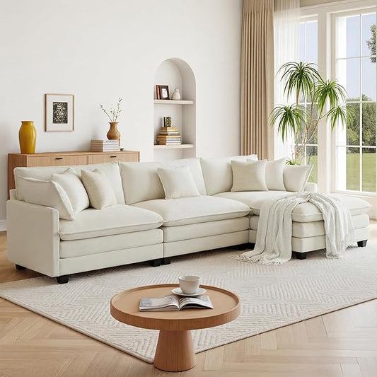 KISLOT 122" Oversized Modular Sectional Sofa,L-Shaped Cloud Couch with Movable Ottoman,Thick Cushions,4 Deep Seats with 5 Throw Pillows Sofa Couch Set for Living Room, Bedroom | Wood Frame