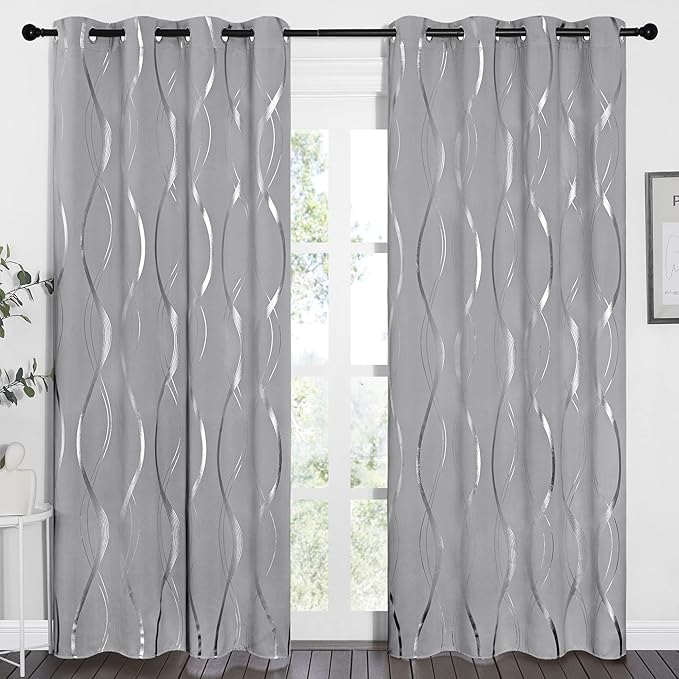 NICETOWN Silver Grey Pattern Curtains for Bedroom, 52 x 84 Inch Noise Reducing Thermal Insulated Wave Line Foil Print Design Room Darkening Window for Patio Sliding Glass Door(2 Panels)