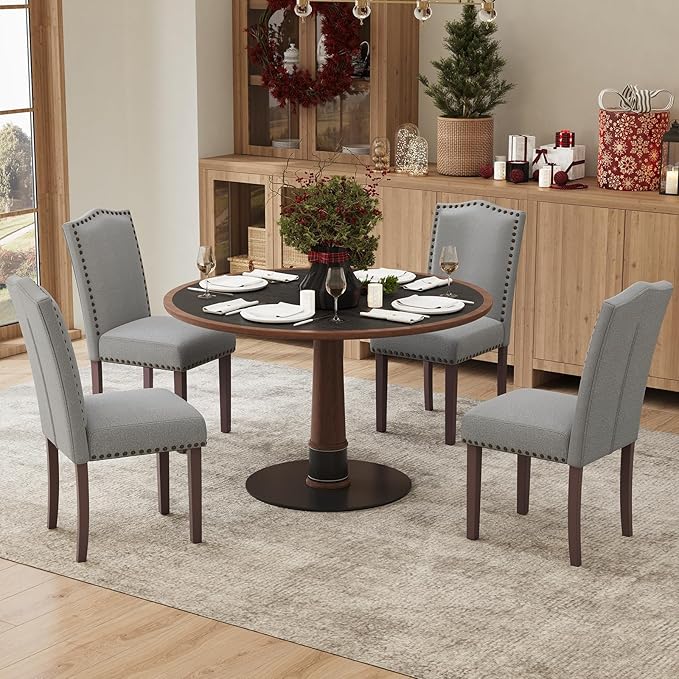 Dining Chairs Set of 2, Soft Comfortable Upholstered Parsons Chairs with High-Density Cushion & Solid Wood Legs, Nailhead Trim, Modern Accent Chairs for Dining Room, Kitchen, Living Room – Grey