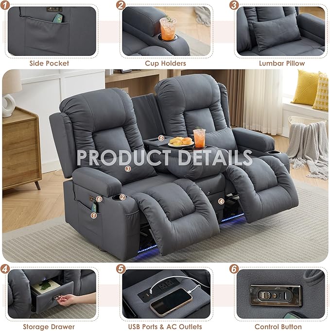 TUNYI Wall Hugger Loveseat Recliner Sofa with Console, Power Reclining Loveseat RV Couch with Massage & Heat/USB/Outlet/Storage/LED Light/Speaker (Blue)