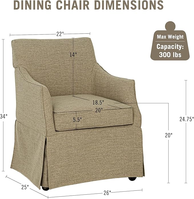 Martha Stewart London Dining Chair - Solid Wood & Plywood, Skirted Metal Base Accent Armchair, Lumbar Pillow -Modern Classic Family Dining Room Furniture 25" W x 26" D x 34" H, Beige