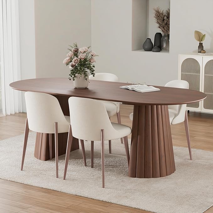 Casaphoria 79" Oval Dining Table, Modern Wood Kitchen Table with Cone Shaped Stripe Convex Base for Living Room & Dining Room, Easy Assembly Farmhouse Furniture for 6-8, Walnut