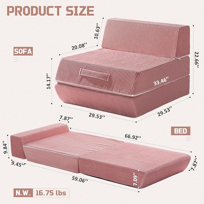 Trenda Folding Sofa Bed, 16lbs Convertible Sleeper Chair with Removable Back Pillow & Handle, Washable Cover Solid Foam Fold Out Chair Bed for Living Room, Apartment, Guest, Single, Pink