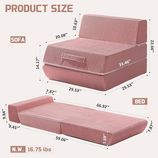 Trenda Folding Sofa Bed, 16lbs Convertible Sleeper Chair with Removable Back Pillow & Handle, Washable Cover Solid Foam Fold Out Chair Bed for Living Room, Apartment, Guest, Single, Pink
