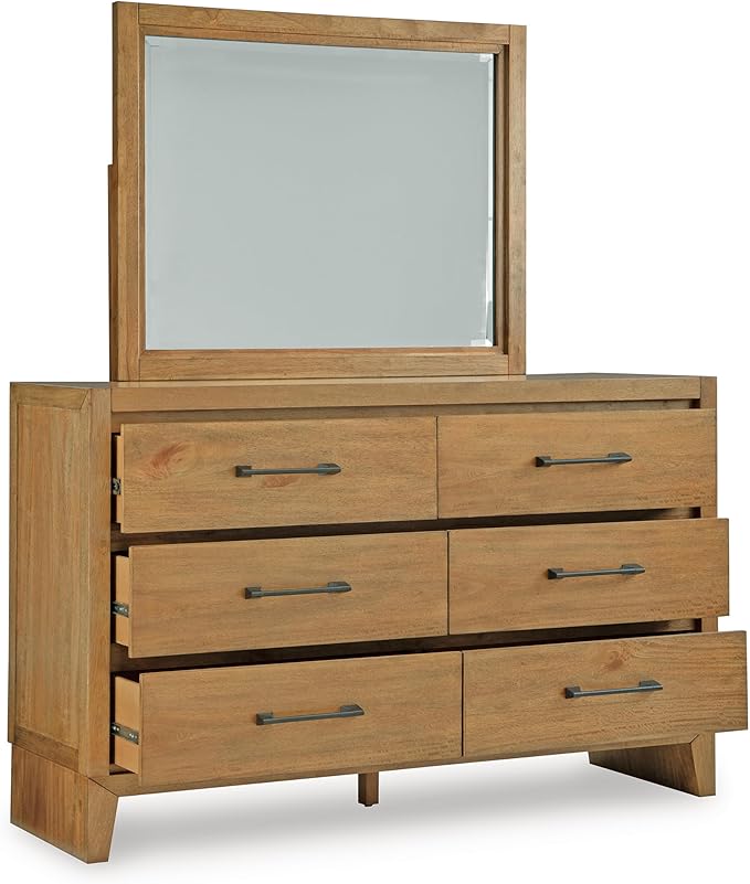 Signature Design by Ashley Sherbana Casual 6-Drawer Dresser and Mirror with Safety Stop and Felt-Lined Top Drawer, Light Brown