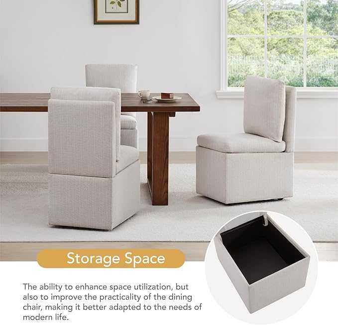 Upholstered Dining Chairs with Casters, Modern Dining Room Chairs Set of 4 with Hidden Storage & 4 Wheels, Single Sofa Chair for Kitchen, Reading Room, Waiting Room, Linen (2 Box)